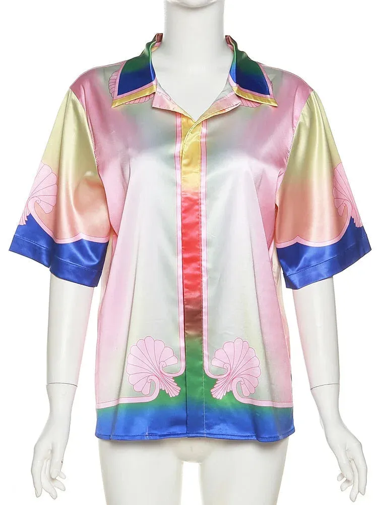 Women's Summer Silky Landscape Printed Loose Short Sleeve Blouse Tops