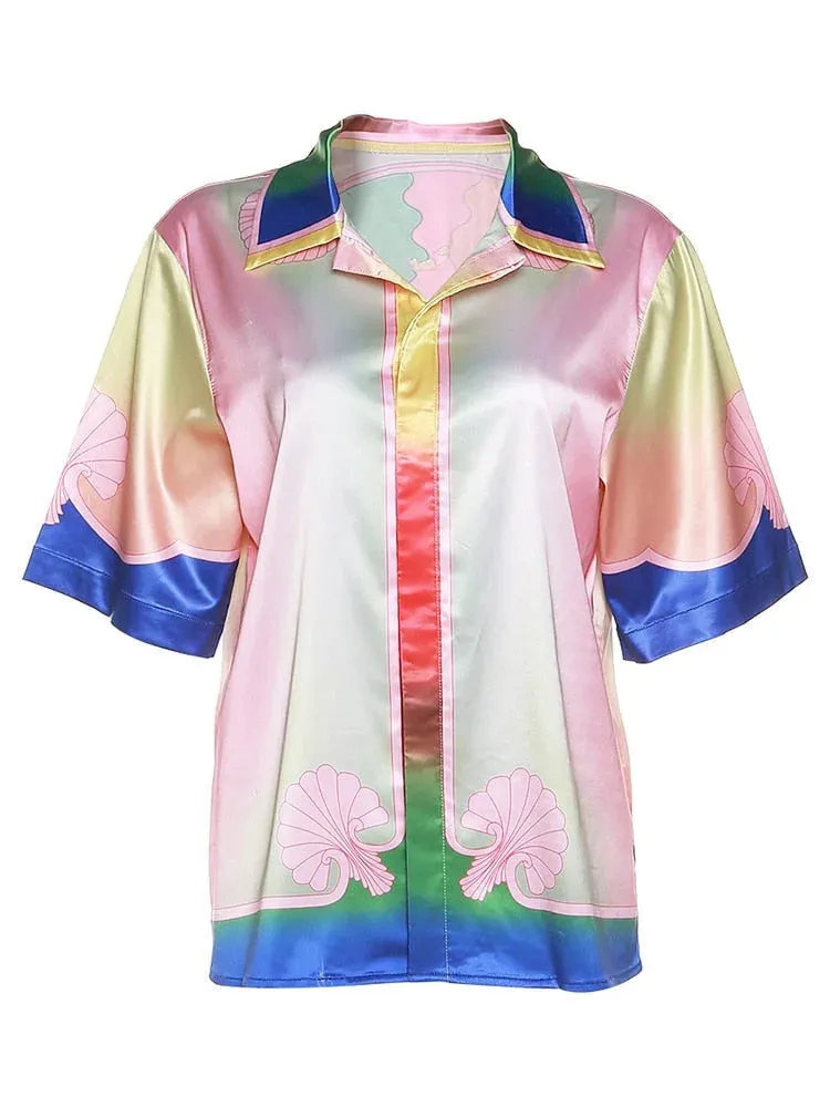 Women's Summer Silky Landscape Printed Loose Short Sleeve Blouse Tops