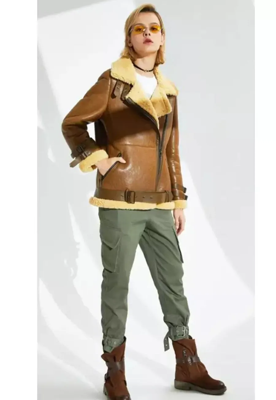 Women’s Tan Brown Leather Shearling Long Coat